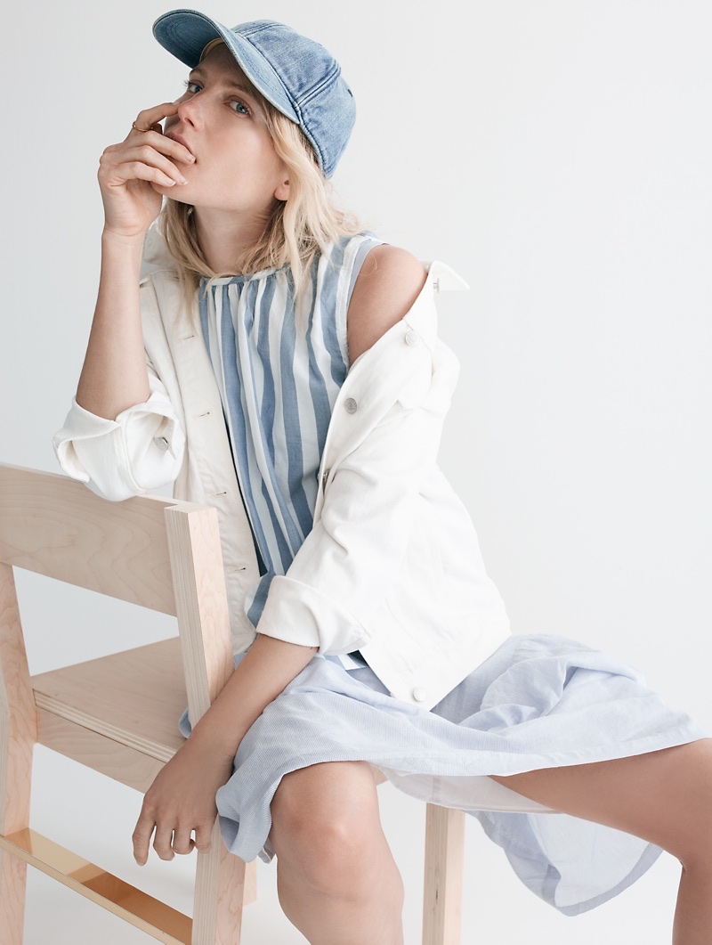 Madewell Denim Baseball Cap, The Oversized Jean Jacket in Tile White, Button-Back Top in Indigo Stripe and Striped Midi Dress