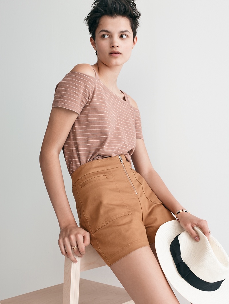 Madewell x Biltmore Panama Hat, Madewell Cold-Shoulder Tee in Warm Ash and Camino High-Rise Shorts