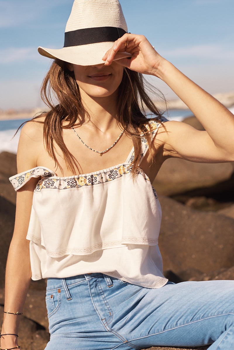 Madewell Embroidered Tier Top, Cali Demi-Boot Jeans: Step-Hem Edition and Madewell x Biltmore Panama Hat