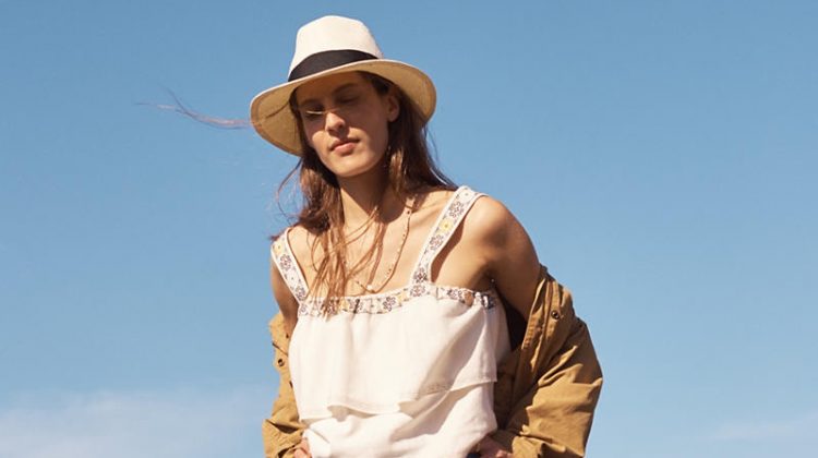 Madewell Prospect Jacket in Dark Sahara, Embroidered Tier Top, Cali Demi-Boot Jeans: Step-Hem Edition, Madewell x Biltmore Panama Hat and Madewell the Amira Pom-Pom Sandal