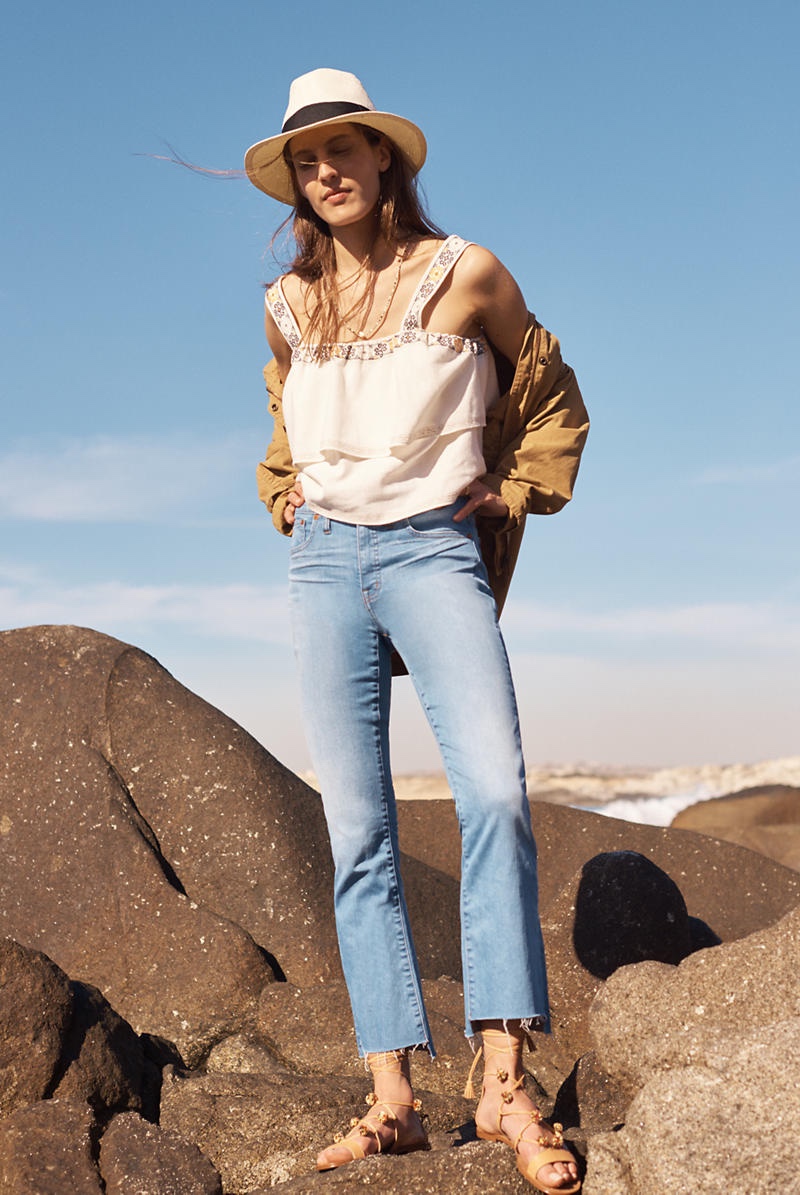 Madewell Prospect Jacket in Dark Sahara, Embroidered Tier Top, Cali Demi-Boot Jeans: Step-Hem Edition, Madewell x Biltmore Panama Hat and Madewell the Amira Pom-Pom Sandal