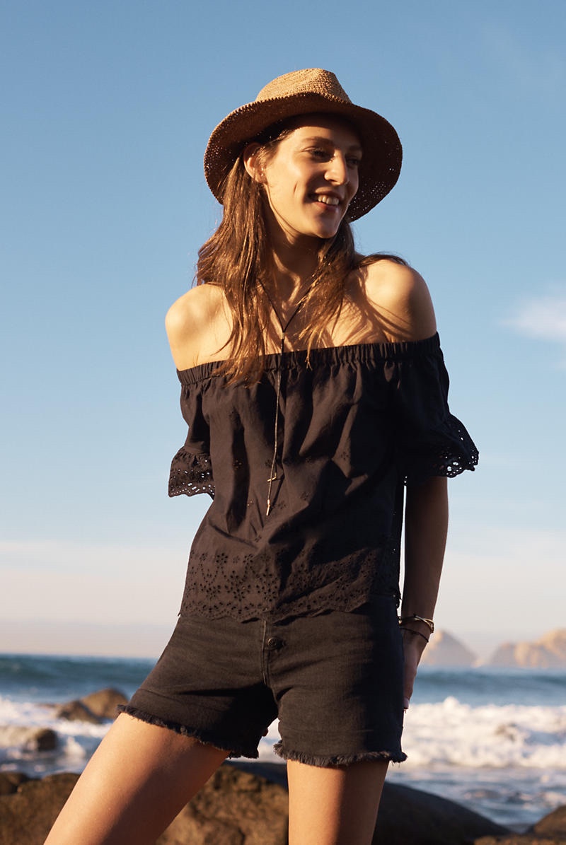 Madewell Eyelet Off-the-Shoulder Top and Pom-Pom Straw Fedora Hat