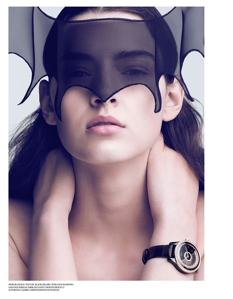 Model Marie Damian wears Dior timepieces for the fashion editorial