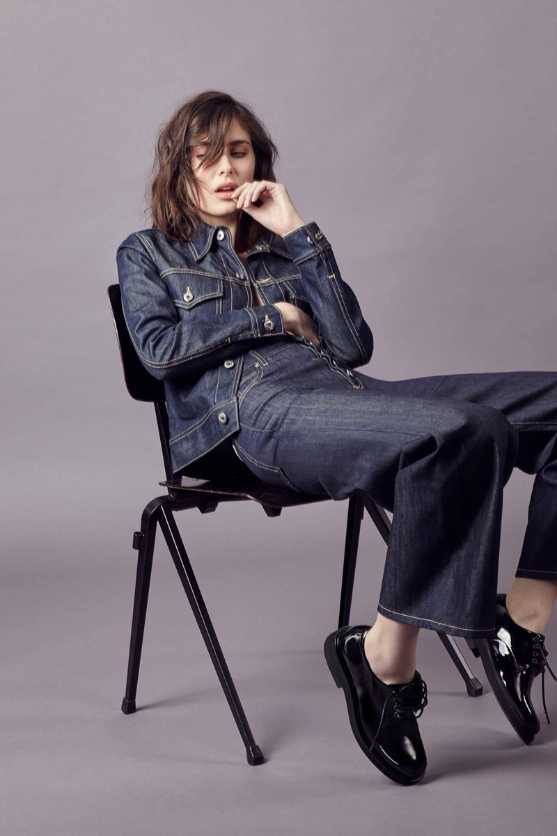 Eve Denim Kalia Denim Jacket $353 and Charlotte High-Rise Wide-Leg Jeans $338. A.P.C. Patent-Leather Derby Shoes