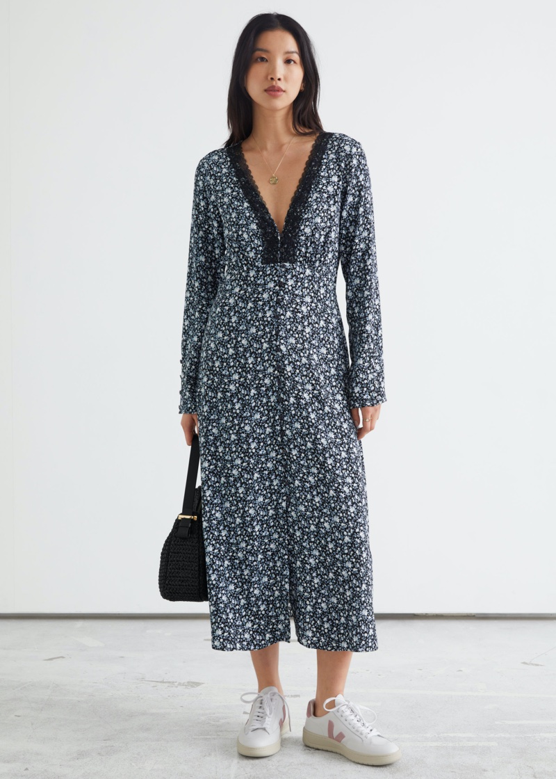 & Other Stories Buttoned Floral Print Lace Midi Dress $119
