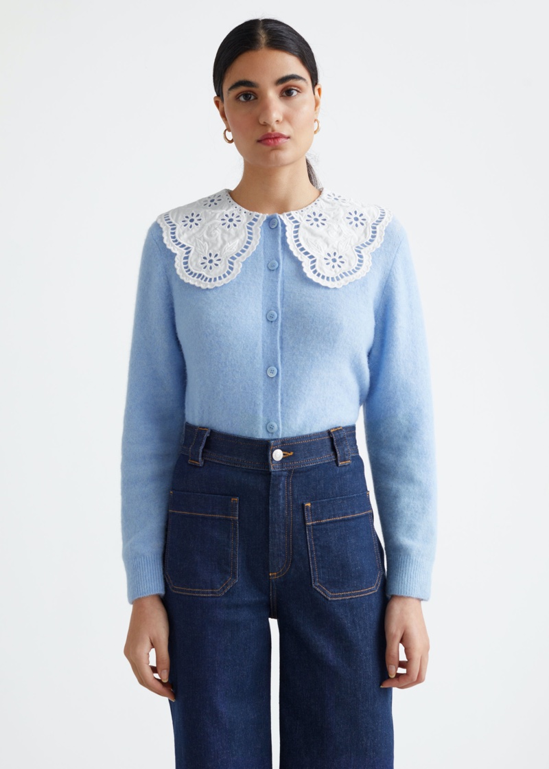 & Other Stories Embroidered Statement Collar Knit Cardigan in Light Blue $129