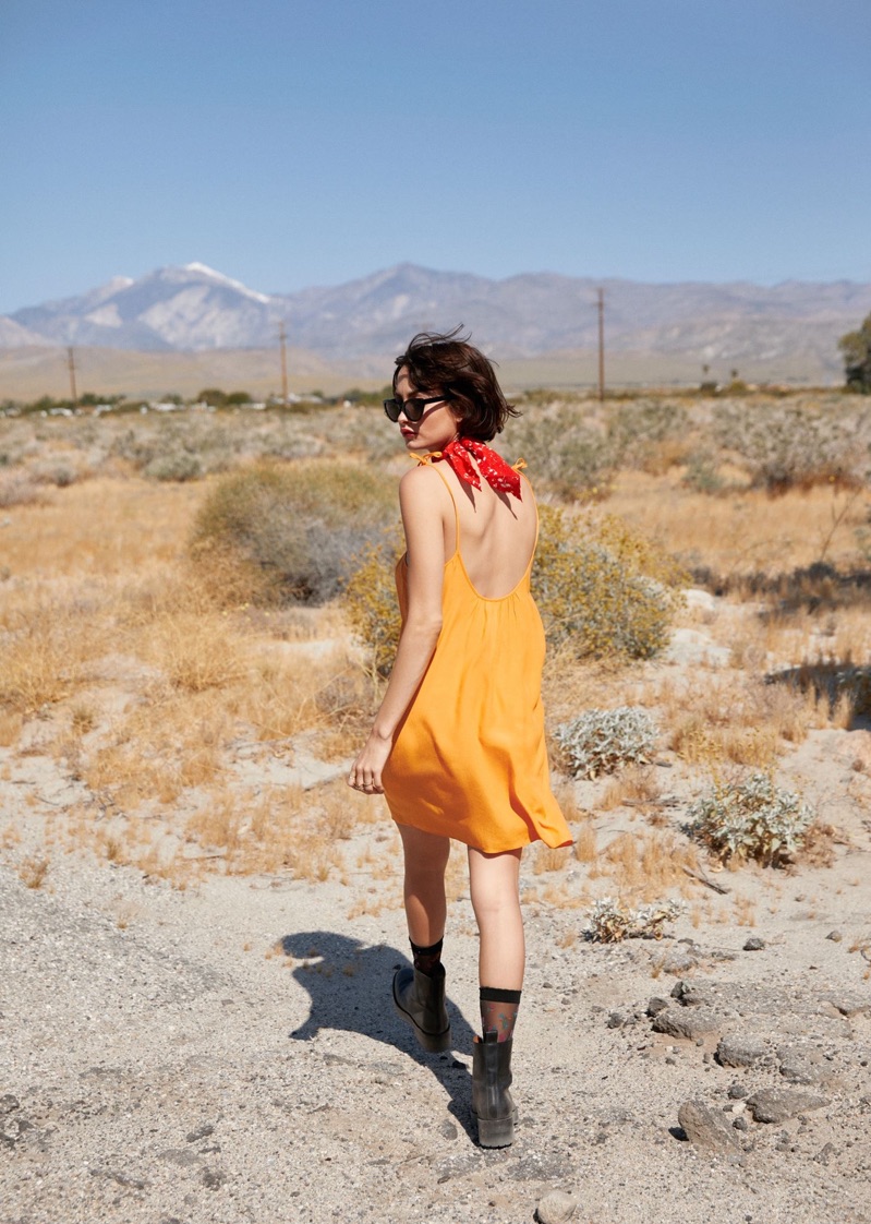 & Other Stories Cat-Eye Sunglasses, Printed Bandana, Smocked Dress, Sheer Blossom Socks and Ankle Boots