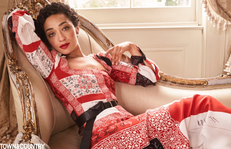 Actress Ruth Negga poses in Alexander McQueen dress and belt