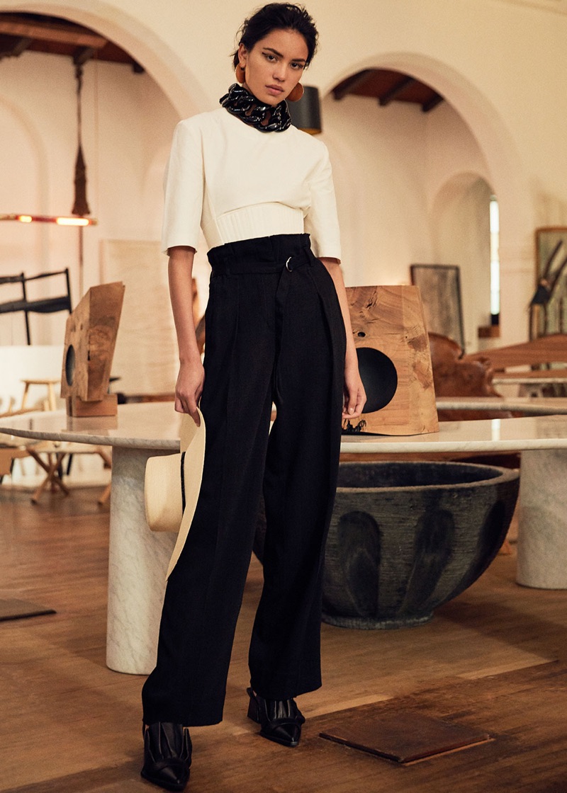 Stella McCartney Compact Cotton Corset Top $865, 3.1 Phillip Lim Paper Bag Waist Pant $595, Marques'Almeida Pointy Frill Lace Up Leather Shoes $605, Marques'Almeida Chain Choker Necklace $240, Isabel Marant Boucle Oreille Earrings in Gold $255 and Eugenia Kim Loulou Hat $395