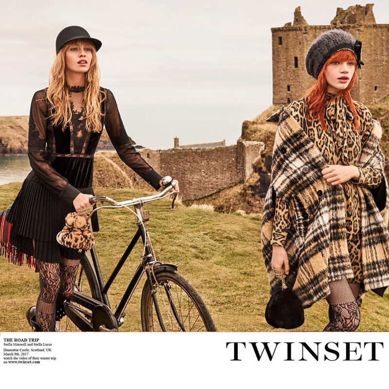 Stella Maxwell and Stella Lucia pose at Scotland's Dunnottar Castle for Twinset's fall 2017 campaign