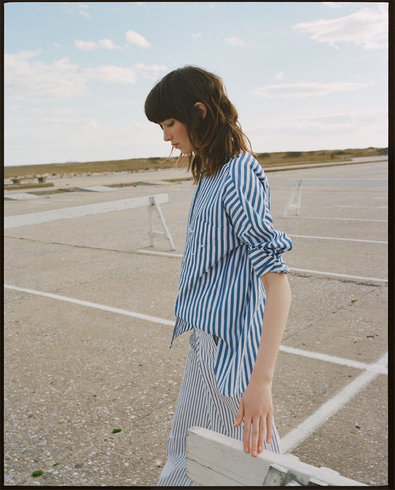 Model wears Zara Striped Shirt with Faux Pearls and Striped Palazzo Trousers