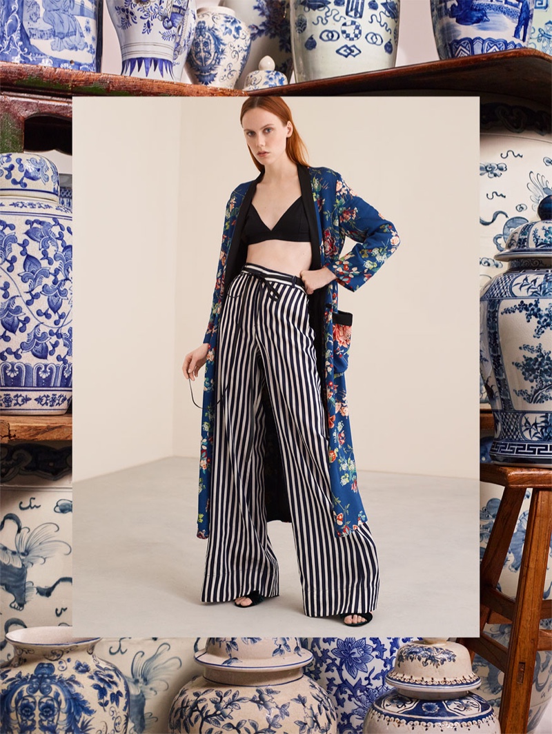 Zara Long Floral Print Kimono and Striped Palazzo Trousers