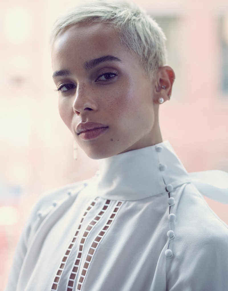 Getting her closeup, Zoe Kravitz wears Fendi blouse and Sophie Bille Brahe pearl earrings