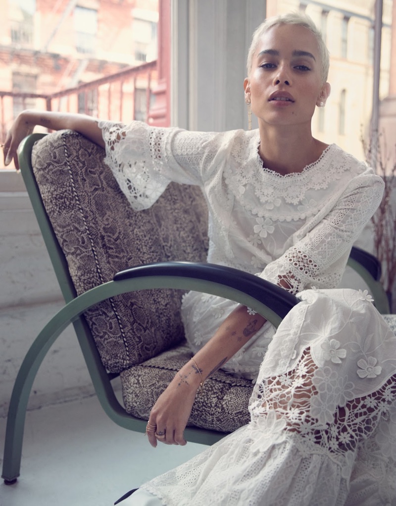 Actress Zoe Kravitz wears Sophie Bille Brahe pearl earrings and Anna Sui maxi dress