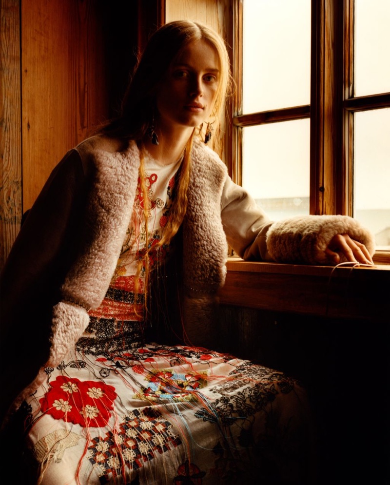 A shearling jacket and patchwork dress stand out in Alexander McQueen's fall-winter 2017 campaign