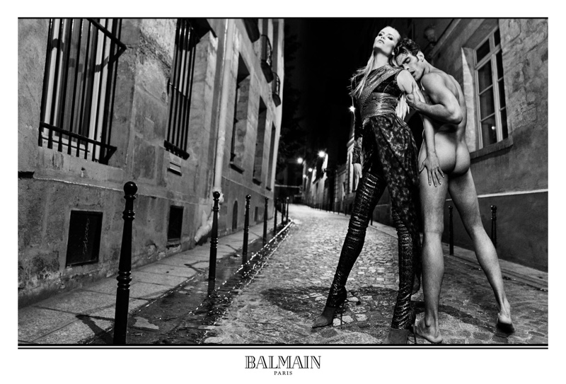 A naked Jon Kortajarena poses with Natasha Poly for Balmain’s fall 2017 campaign