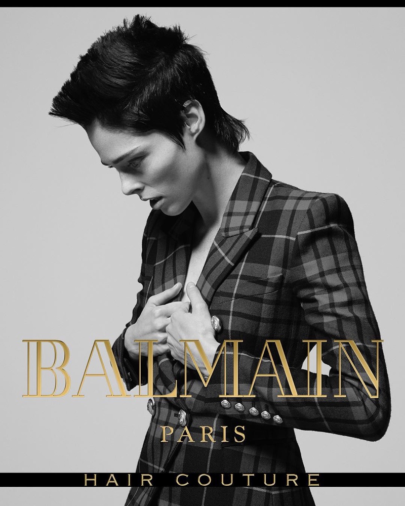 Coco Rocha wears a sheared coif in Balmain Hair Couture's fall-winter 2017 campaign