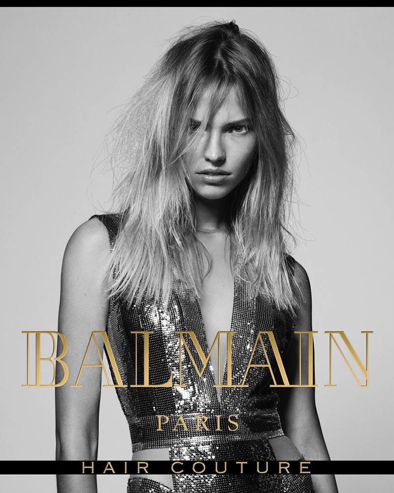 Sasha Luss wears mussed hairstyle in Balmain Hair Couture's fall-winter 2017 campaign