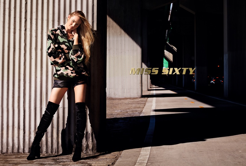 Candice Swanepoel poses in camouflage print for Miss Sixty's fall-winter 2017 campaign