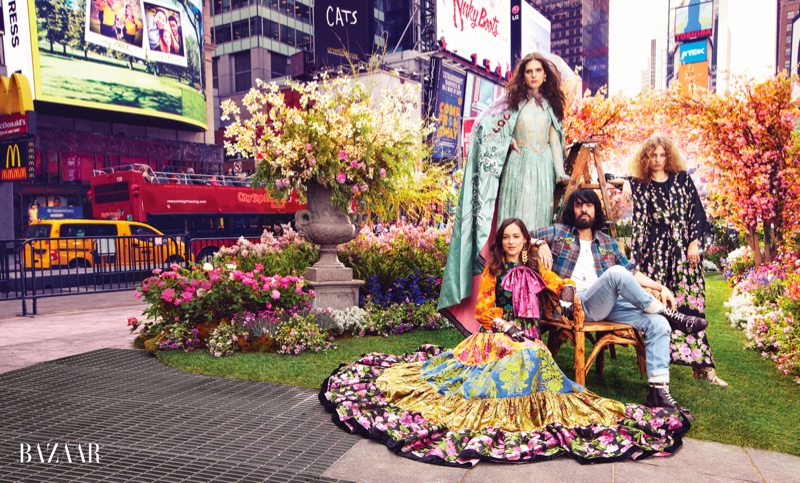 Hari Nef, Dakota Johnson, Gucci designer Alessandro Michele and Petra Collins pose in Times Square