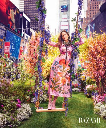 Dakota Johnson Charms in Gucci for Harper's Bazaar Dakota Johnson wears multi-print dress from Gucci
