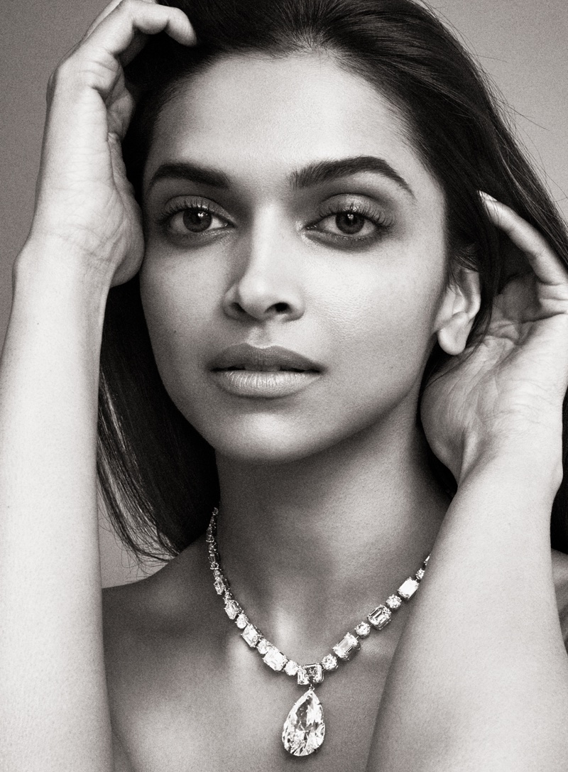 Photographed in black and white, Deepika Padukone wears a necklace full of gems