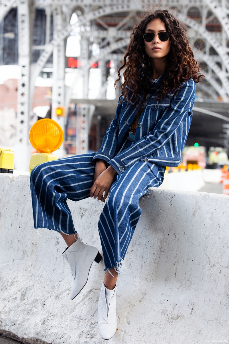 Use Unused Striped Jacket and Pant, Junk Food Wonder Women Tee, Ray-Ban Sunglasses and Alexis Gamblin White Glitter Boot