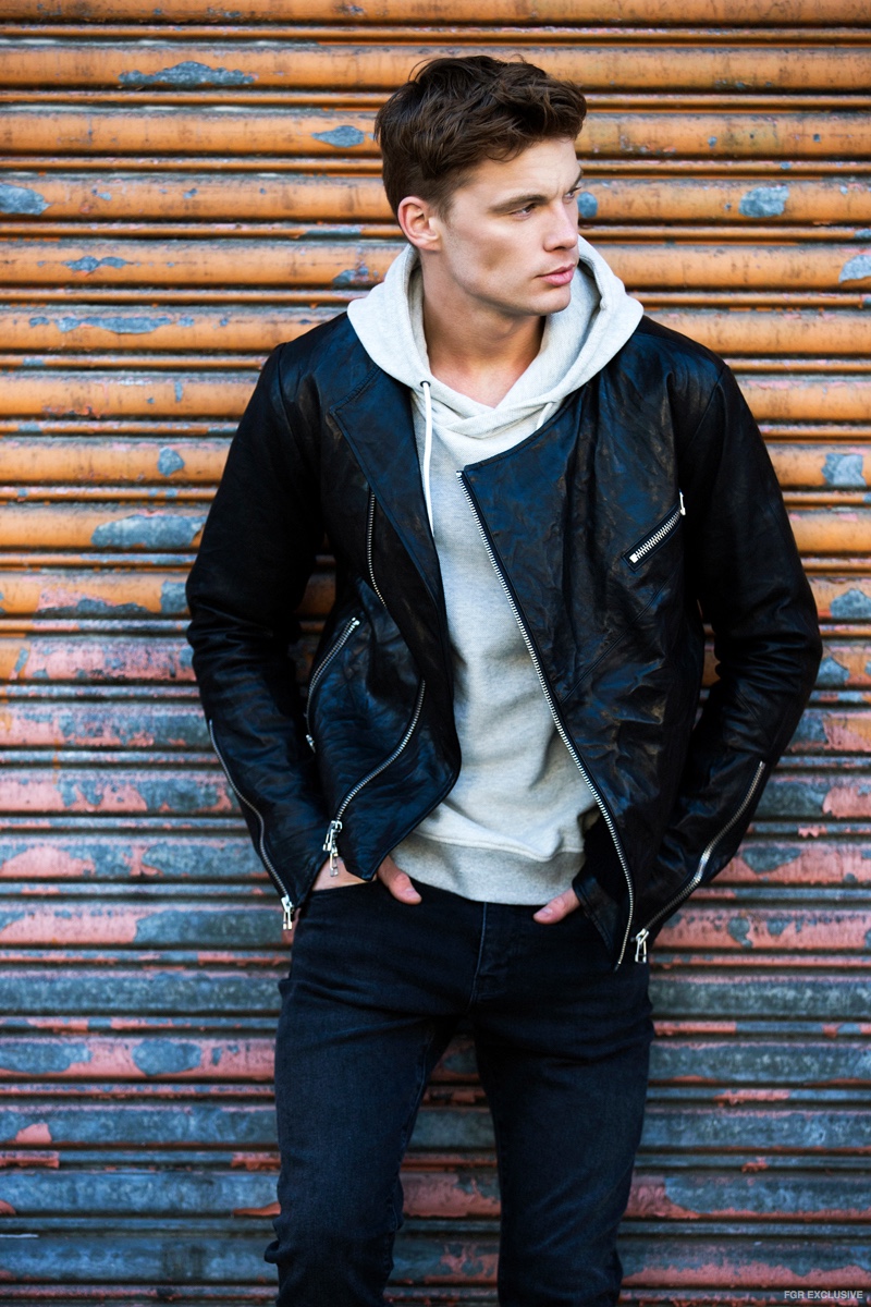 Daniel Patrick Road Biker Jacket, Onepiece Grey Hoodie and Hart n Dagger Black Wash Denim