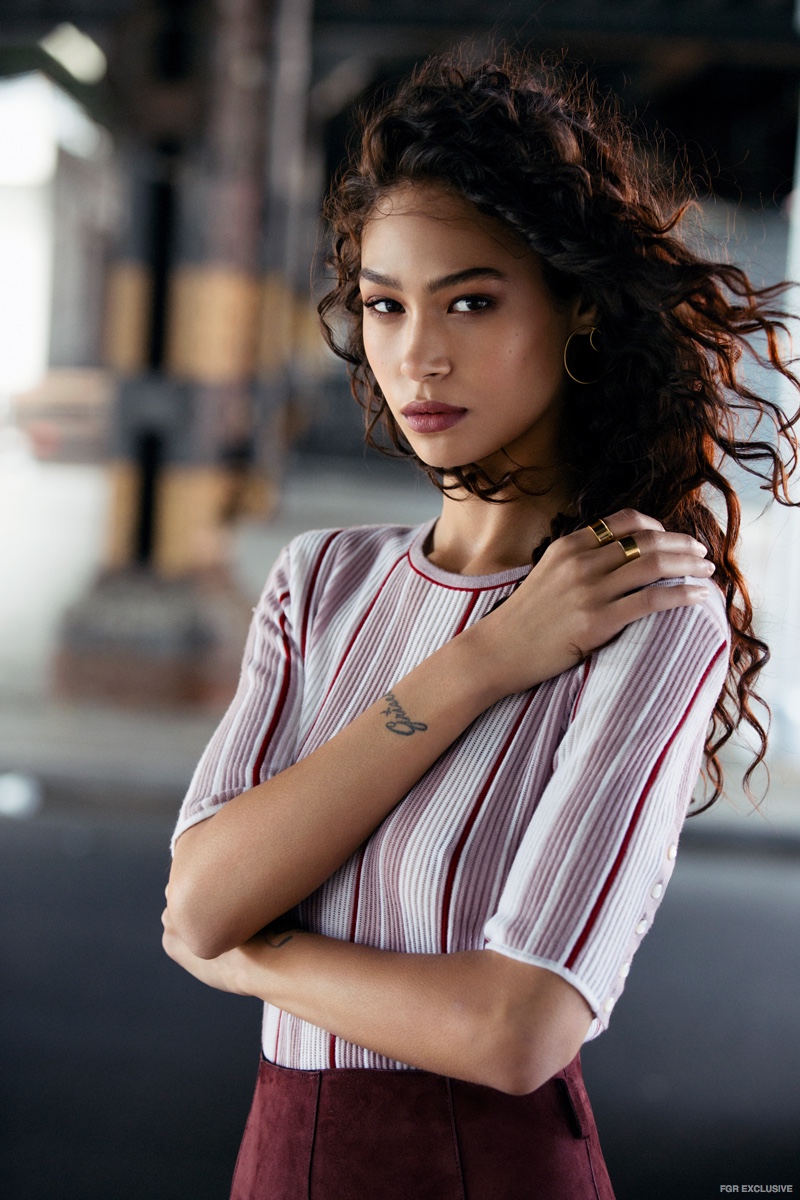 Eleanor Kalle Double Hoop Earring, Nissa Jewelry Assorted Rings, Alejandra Alonso Rojas Stripe Knit Top and Longchamp Velvet Leather Skirt