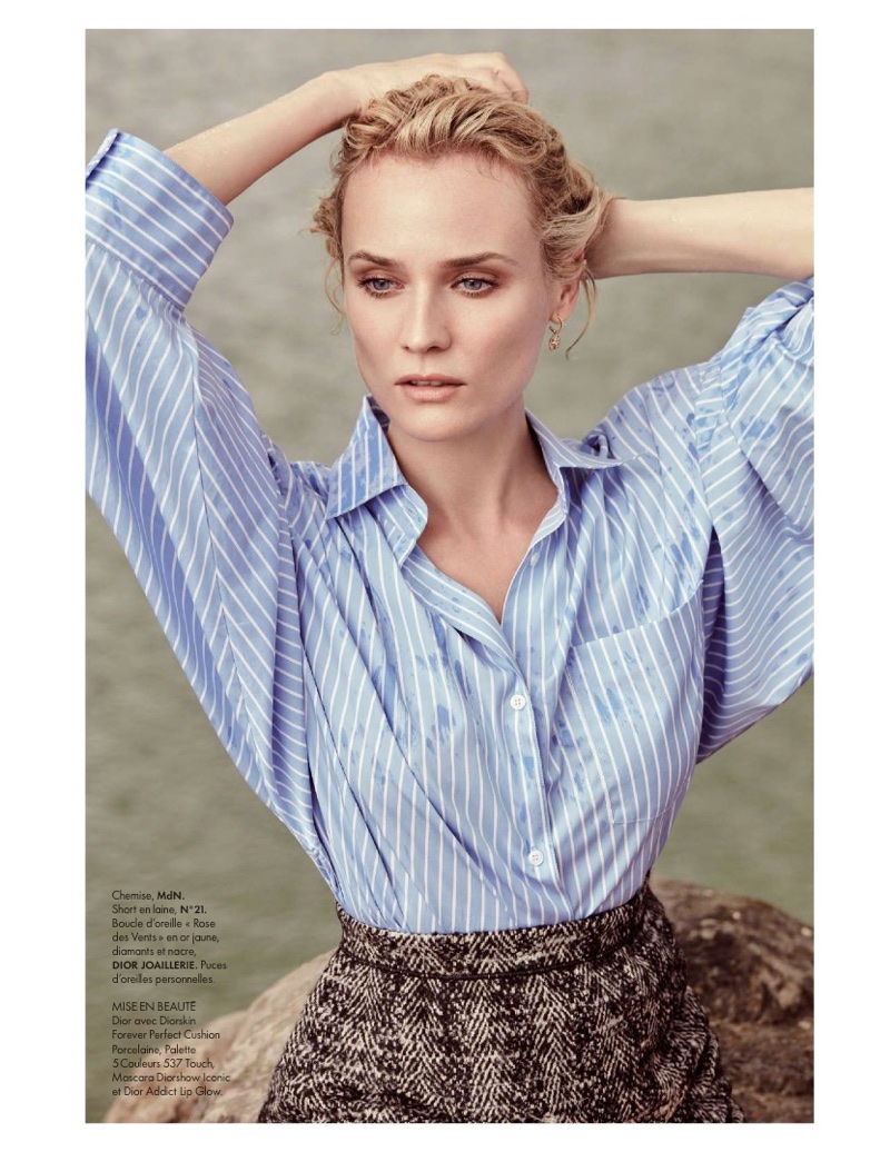Actress Diane Kruger wears MdN shirt and N 21 shorts with Dior jewelry 
