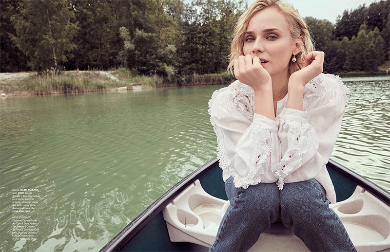 Diane Kruger wears Isabel Marant blouse, Dior jeans and jewelry