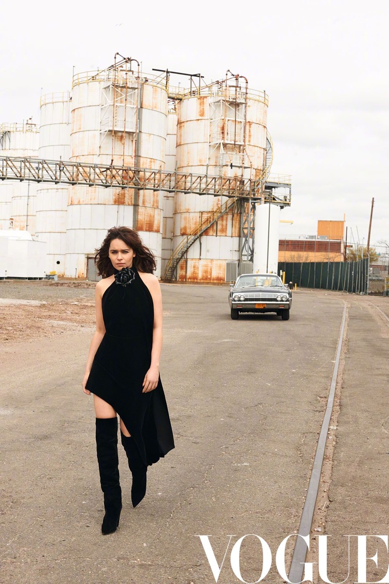 Going for a stroll, Emilia Clarke poses in a little black dress