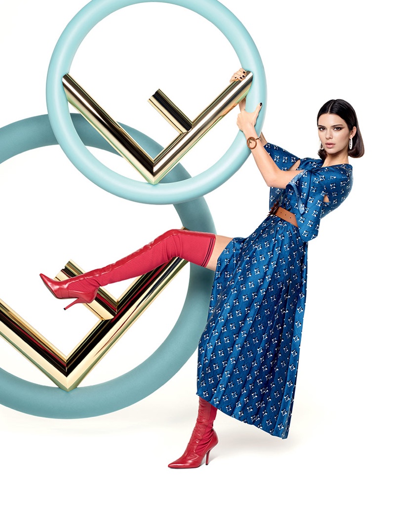 Model Kendall Jenner poses in a blue dress for Fendi's fall-winter 2017 campaign