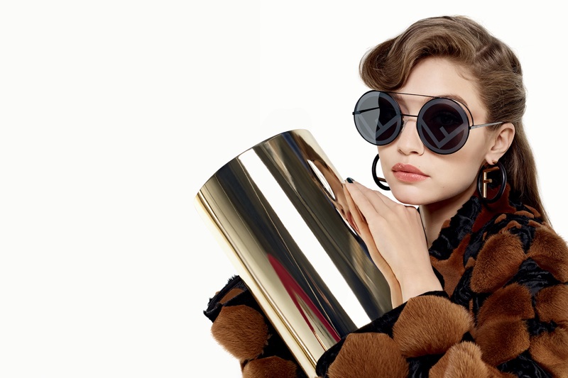 Gigi Hadid poses in logo sunglasses for Fendi's fall-winter 2017 campaign