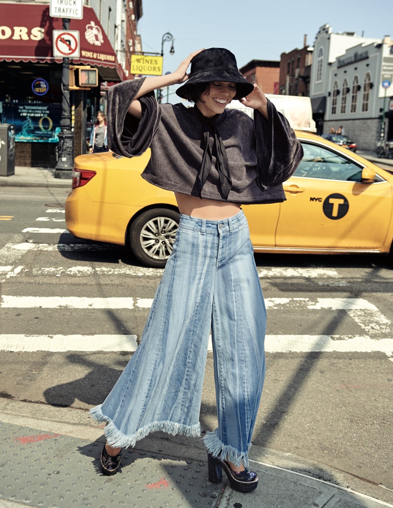 Free People Mickey Vegan Bucket Hat, Sleeve Glorious Sleeves Pullover and Run Through The Moss Wide Leg Jeans