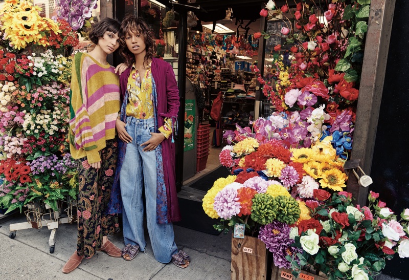 (Left) Free People All About You Pullover and Spell Etienne Fitted Pant (Right) Free People Silky Nights Buttondown and Dhalia Velvet Duster