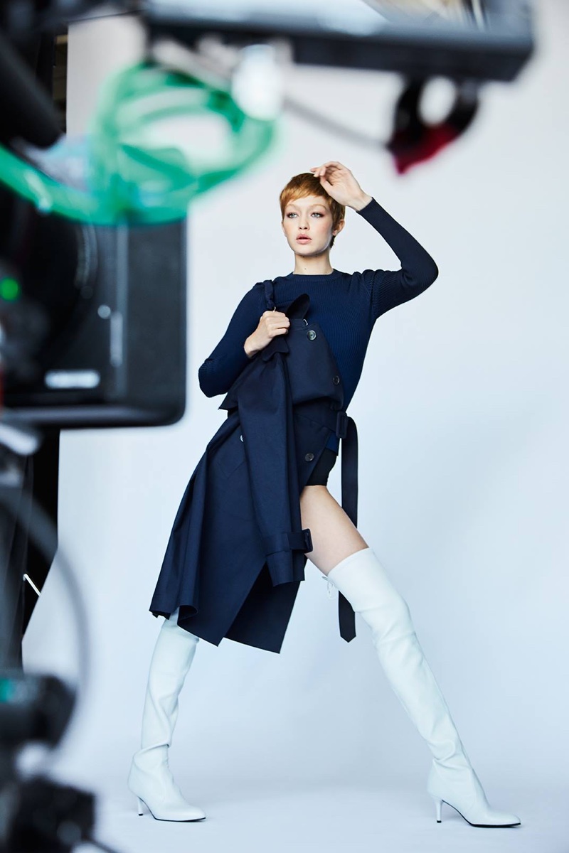 Gigi Hadid strikes a pose behind-the-scenes at Stuart Weitzman's fall-winter 2017 campaign