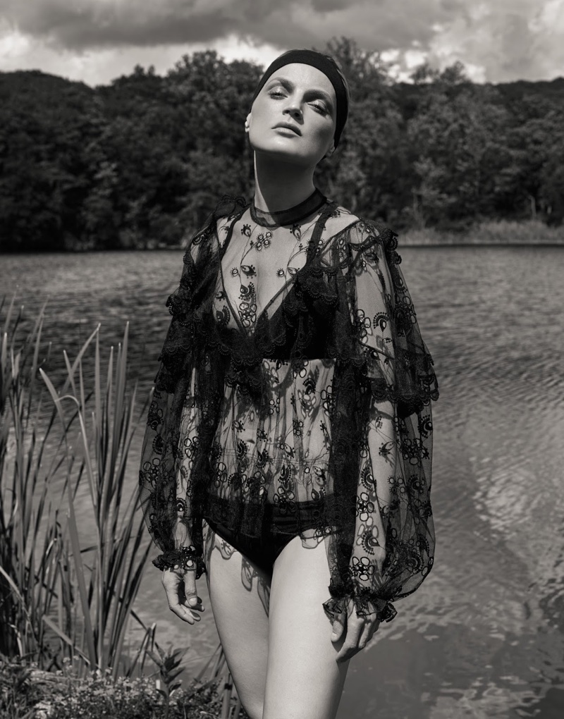 Guinevere van Seenus models Chloe embroidered blouse, Heidi Klein bikini top and Eres bikini bottoms