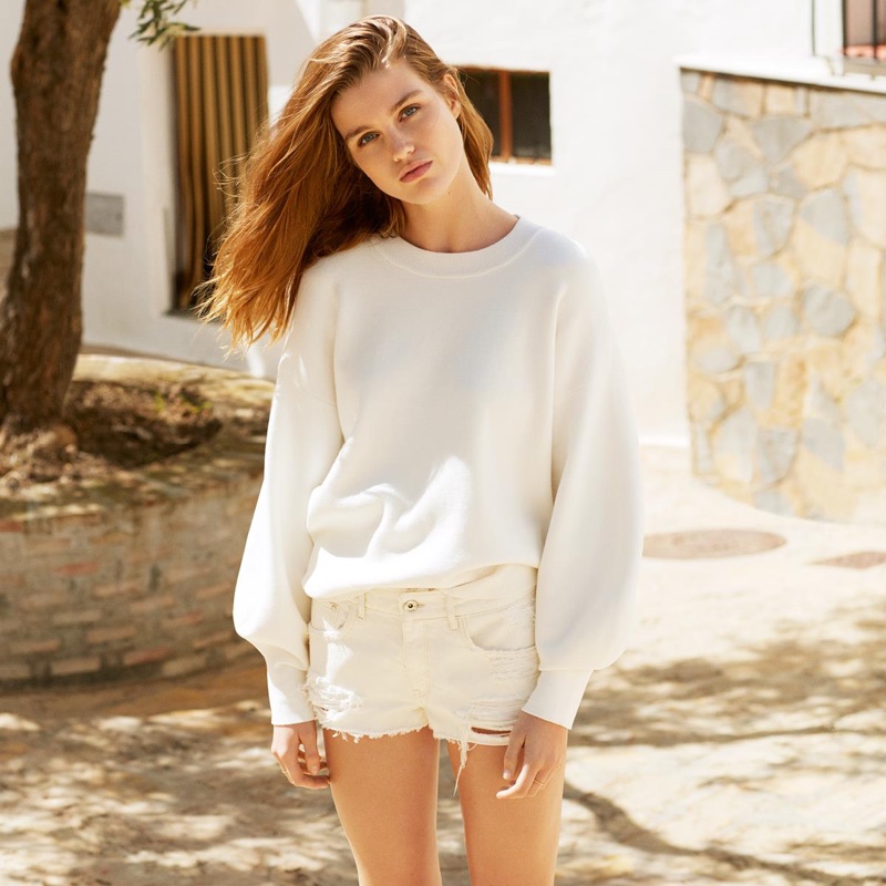 H&M Off-the-Shoulder Blouse and Denim Shorts with Low Waist