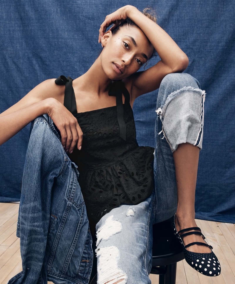 J. Crew Tie-Shoulder Eyelet Top, Denim Jacket in Newton Wash, Point Sur Distressed Selvedge Jean with Long Cuff and Strappy Polka-Dot Flats