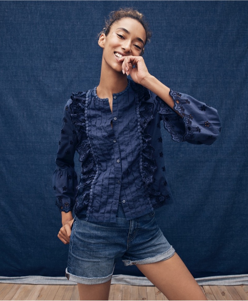 J. Crew Floral Eyelet Top and High-Rise Denim Short in Brixton Wash