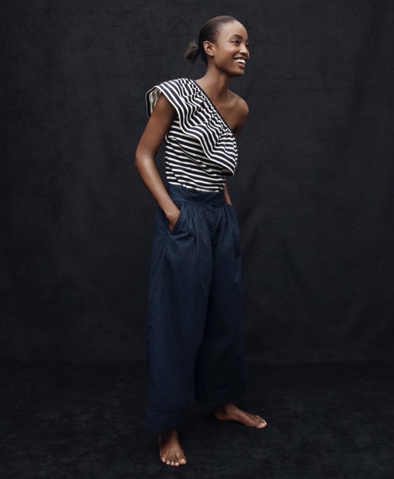 J. Crew One-Shoulder Top in Stripes and J. Crew Collection Wide-Leg Cropped Pant in Italian Chino