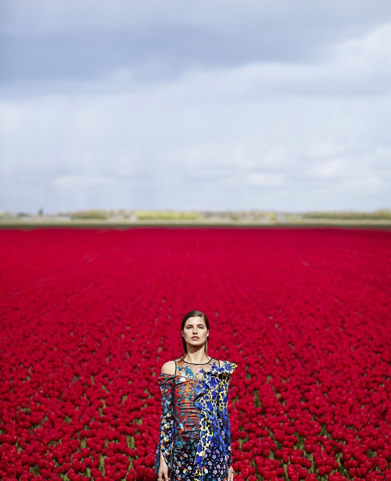 Julia Van Os is in Full Bloom in Floral Fashions for Harper's Bazaar
