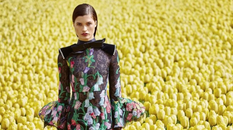 Julia Van Os is in Full Bloom in Floral Fashions for Harper’s Bazaar