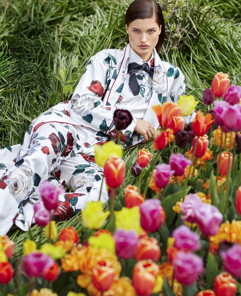 Julia Van Os is in Full Bloom in Floral Fashions for Harper's Bazaar