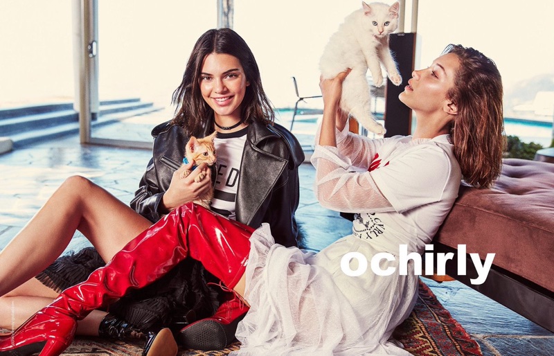 Posing with cats, Bella Hadid and Kendall Jenner front Ochirly's fall 2017 campaign