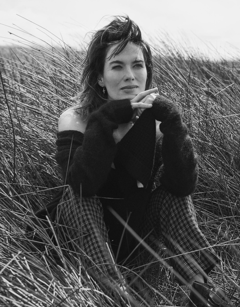 Photographed in black and white, Lena Headey wears Acne Studios cardigan, ATM Anthony Thomas Melillo tank and Miu Miu pants