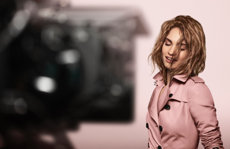 Actress Lily James poses behind-the-scenes for My Burberry Blush campaign