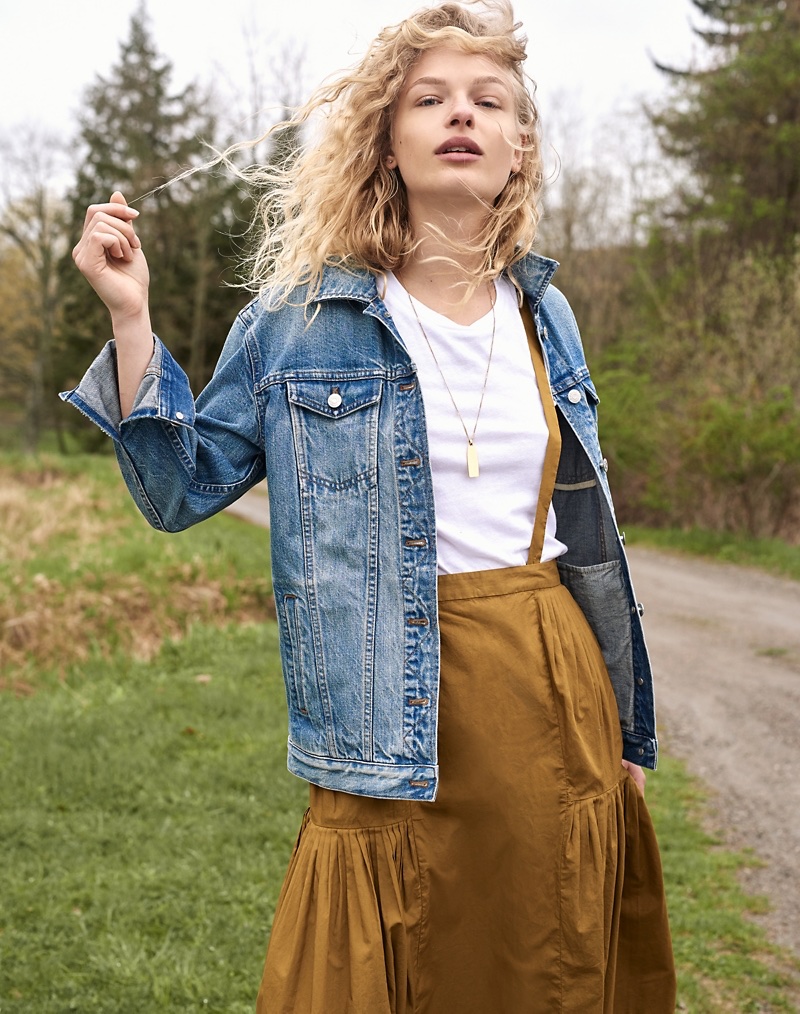 Madewell The Oversized Jean Jacket in Capstone Wash, Whisper Cotton Crewneck Tee and Suspender Midi Skirt