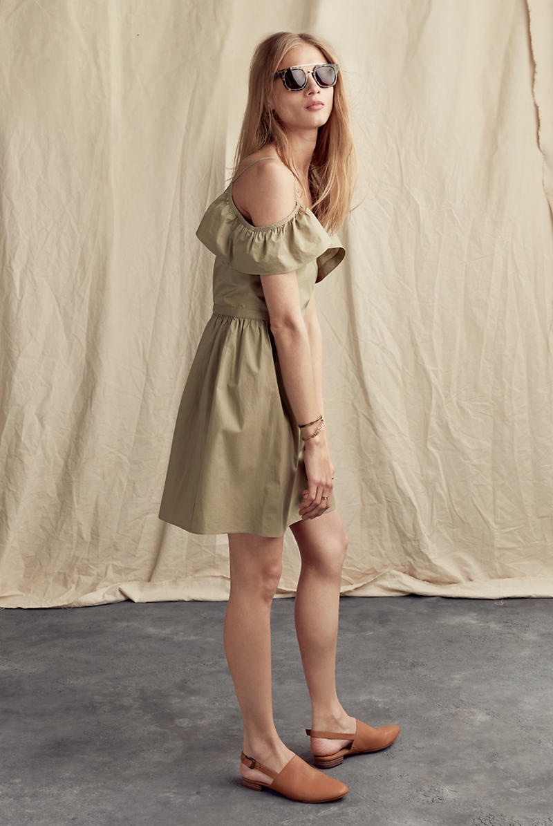 Madewell Khaki Cold-Shoulder Ruffle Dress and Madewell x Surfrider Foundation Top-Bar Sunglasses